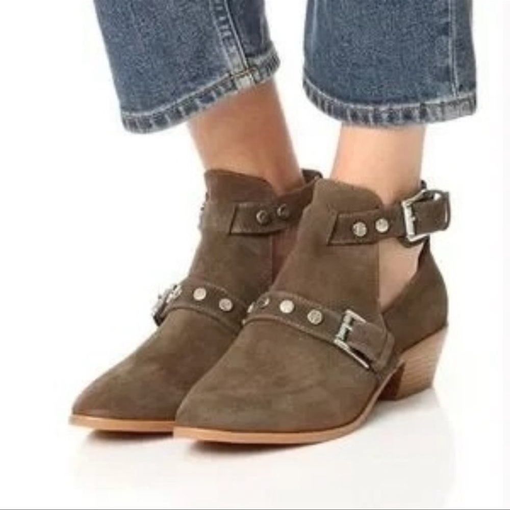 Rebecca Minkoff Abigail Buckle Taupe Suede Booties, size 8